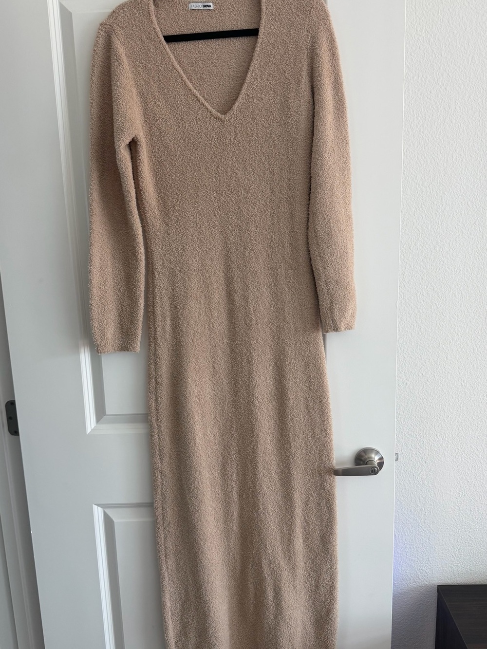 V-Neck Long Sleeve Beige Knit Dress